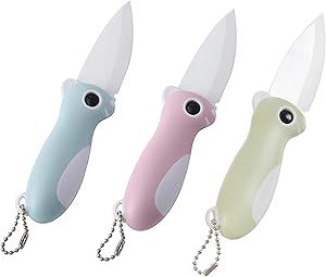 3 PACK Ceramic Paring Knife, Pocket Knife Folding Knife, Super Sharp Blade only 2.3 inch, Fruit Peeling Vegetable Cutting, Easy-to-Carry (3 Color)