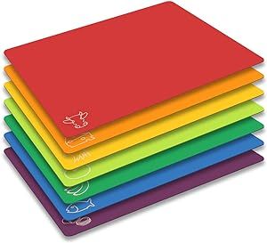 Cutting Board Mats Flexible Plastic Colored Mats with Food Icons, Fotouzy BPA-Free, Non-Porous, Anti-skid back and Dishwasher Safe, Set of 7