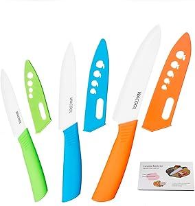 WACOOL Ceramic Knife Set 3-Piece (6-inch Chef's Knife, 5-inch Utility Knife,4-inch Fruit Paring Knife), with 3 Knife Sheaths for Each Blade (Colorful Handle)