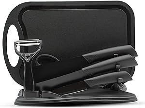 Magicorange 7-Piece Kitchen Knife Set - 5 Black Stainless Steel Knives with Sheaths, Cutting Board, and a Knife Block- Stainless Steel Kitchen Knives with PP Ergonomic Handle (Black)