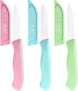 3 Inch Ceramic Knife Set, Small Paring Knives Set of 3, Sharp Kitchen Knives with Sheath, Bright Colored Blue, Green, Pink Knife