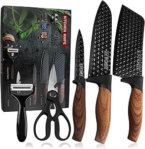 Kitory Cleaver Knife Set, 5 pcs Non-Stick Japanese Kitchen Boxed Knife Set, includes Cleaver, Santoku Chef knife, Paring Utility Knife, Ceramic Peeler and Kitchen Scissors, 2024 Kitchen Gifts