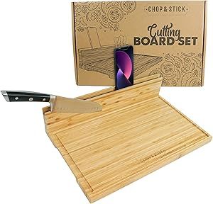 CHOP & STICK Cutting Board and Cheese Knife Set with Magnetic Knife Holder - XXL 18'' x 12'' x 1'' inch Bamboo Charcuterie Board Set, Multifunctional Board