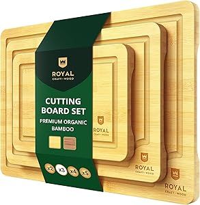 ROYAL CRAFT WOOD Cutting Boards for Kitchen - Bamboo Cutting Board Set of 3, Cutting Boards with Juice Grooves, Serving Board Set, Thick Chopping Board for Meat, Veggies, Easy Grip Handle